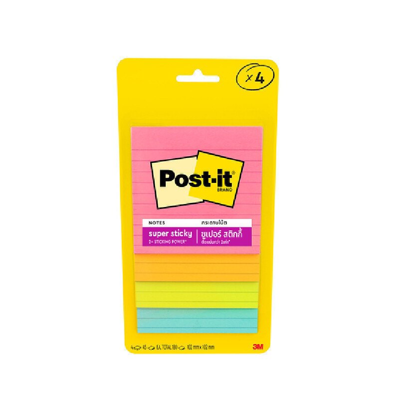 POST-IT ซูเปอร์สติกกี้โน้ตมีเส้น รุ่น 4421-4SSMIA คละสี ขนาด 4x4 นิ้ว (แพ็ค 4 เล่ม)