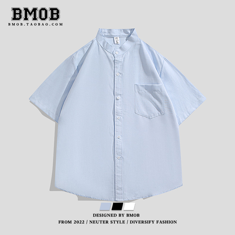 BMBO สไตล์ญี่ปุ่น Street Wear Simple สีทึบ Stand-Up Collar เสื้อเชิ้ตแขนสั้นผู้ชายผู้หญิงฤดูร้อนอินเ