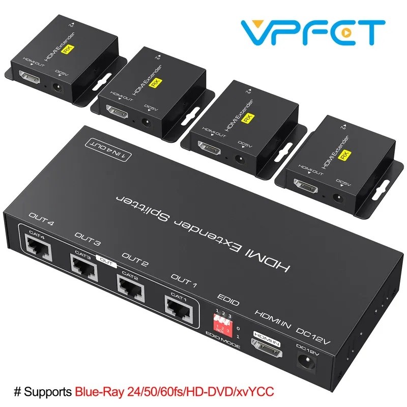 RE7T HDMI Extender Splitter Over Cat5e/6 165ft 1 in 4 Out 1X4 พอร์ต Rj45 Ethernet รองรับ 60m 1080p H