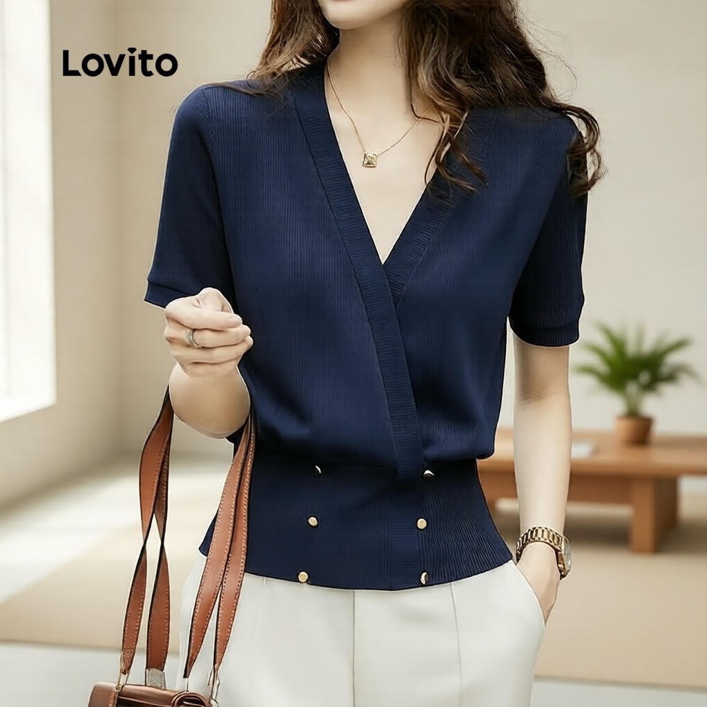 Lovito เสื้อยืดลําลองคอกลมติดกระดุมสองเม็ดสําหรับฤดูใบไม้ผลิและฤดูร้อน สีกรมท่าสําหรับผู้หญิง L184ED872
