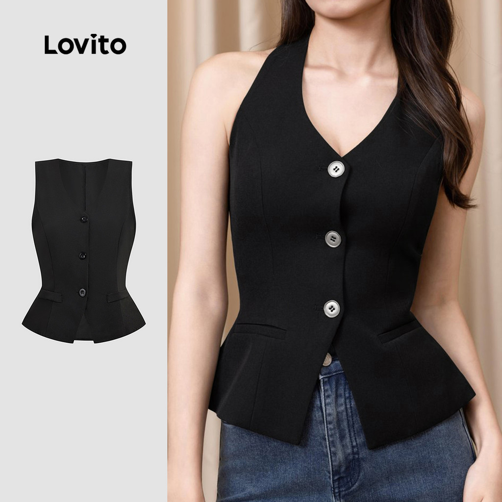 Lovito เสื้อเบลาส์สีดําหรูหรา แบบติดกระดุมด้านหน้า ผ่าด้านหน้า สําหรับฤดูใบไม้ผลิ/ฤดูร้อนของผู้หญิง LBL34031