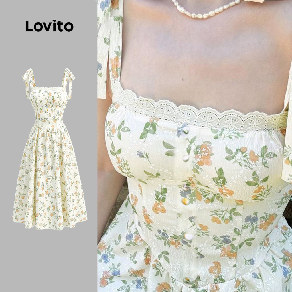 Lovito วันหยุด เดรสโรแมนติก ผูกเชือก ติดกระดุม คอระบาย เดรสสำหรับฤดูใบไม้ผลิและฤดูร้อนสำหรับผู้หญิง LK3ED083