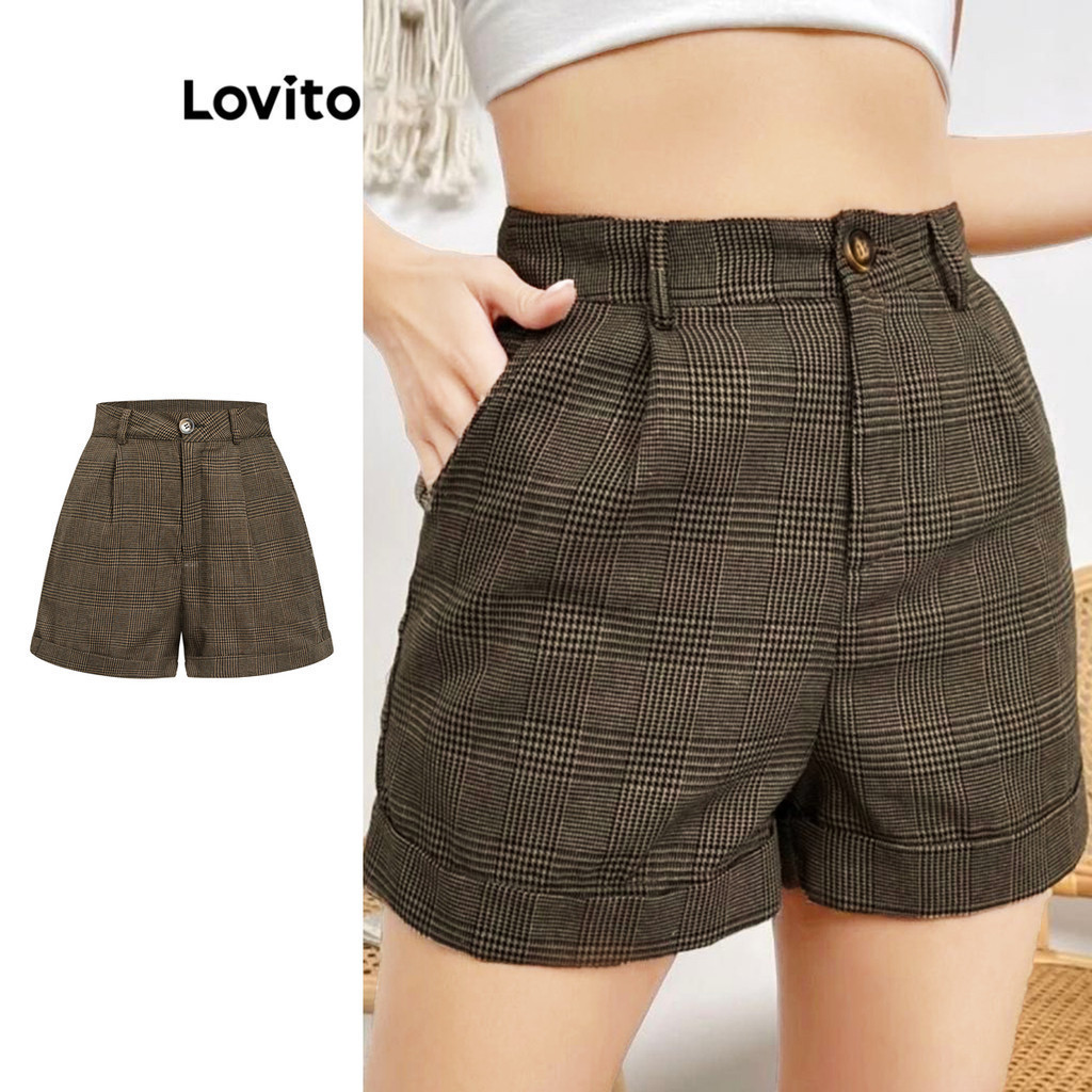 Lovito แคชชวล กางเกงขาสั้น ลายตาราง สำหรับผู้หญิง L108ED670