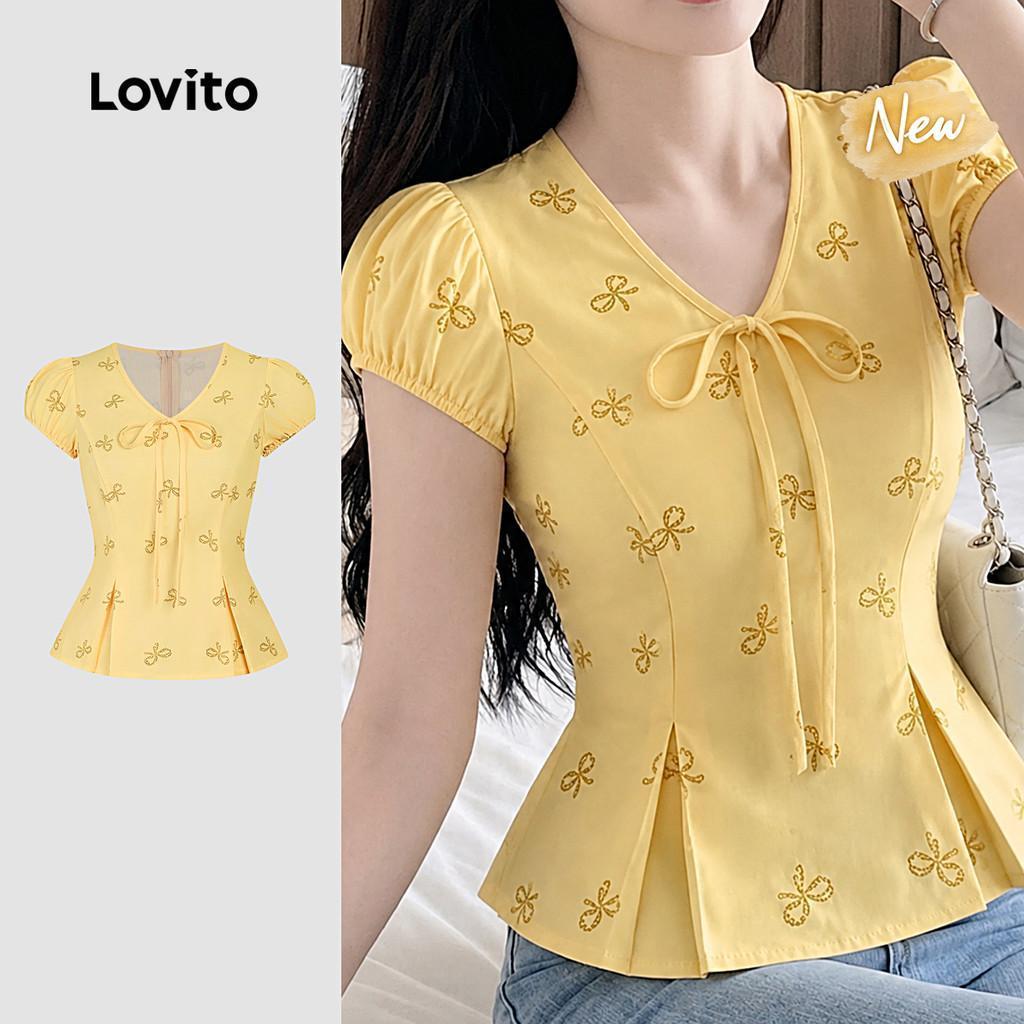 (New Arrival) Lovito เสื้อเบลาส์ลําลองสีเหลืองอ่อน มีจีบ สําหรับผู้หญิง ฤดูใบไม้ผลิ/ฤดูร้อน L198ED3103
