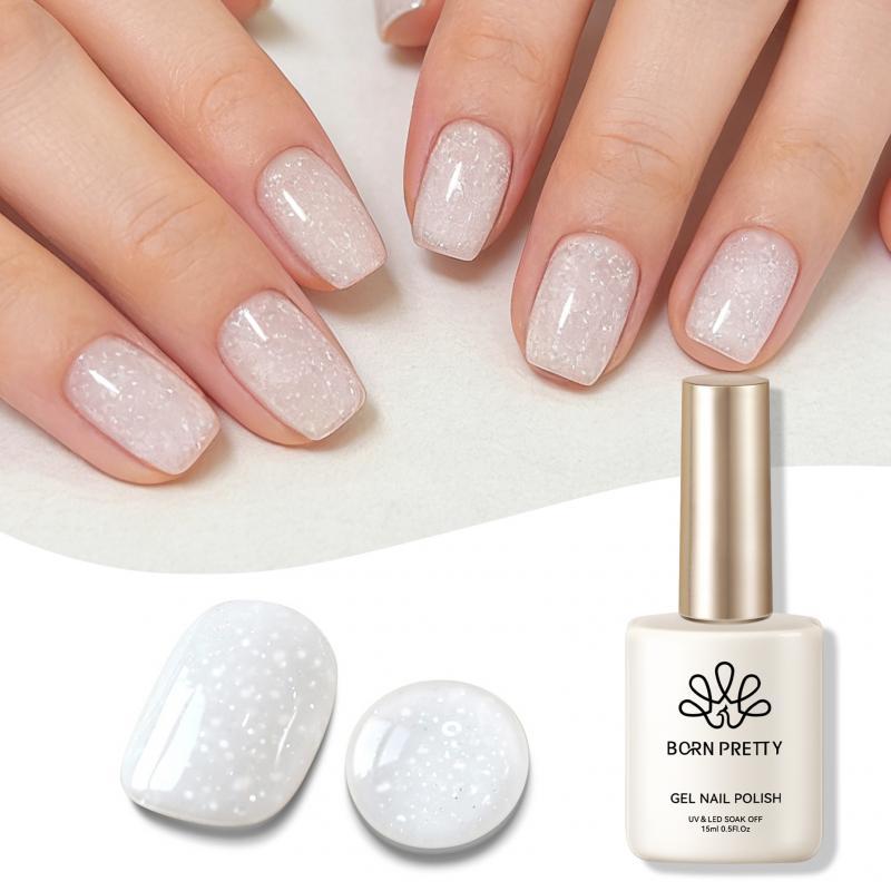 【Local】BORN PRETTY Snow Glitter สีขาว Jelly Gel Polish กึ่งโปร่งใส TS14 เล็บอุปกรณ์ Soak off UV LED เล็บเจลเคลือบเงา
