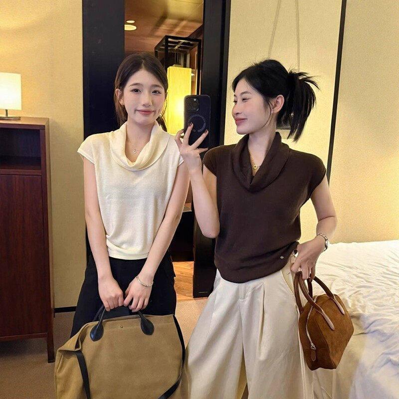D670 เสื้อท็อปไหมพรมไร้แขน คอพลิ้ว สไตล์ฝรั่งเศส สำหรับผู้หญิง เหมาะแต่งชุดฤดูร้อน ใส่ไปทำงานช่วยดูผอม