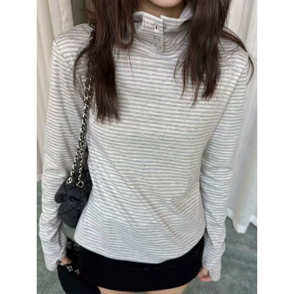 ผู้หญิง Retro ลายคอเต่าแขนยาว T เสื้อใหม่ Slim Fit ฐานเสื้อเกาหลี Y2k ความงาม Tees Ropa Mujer