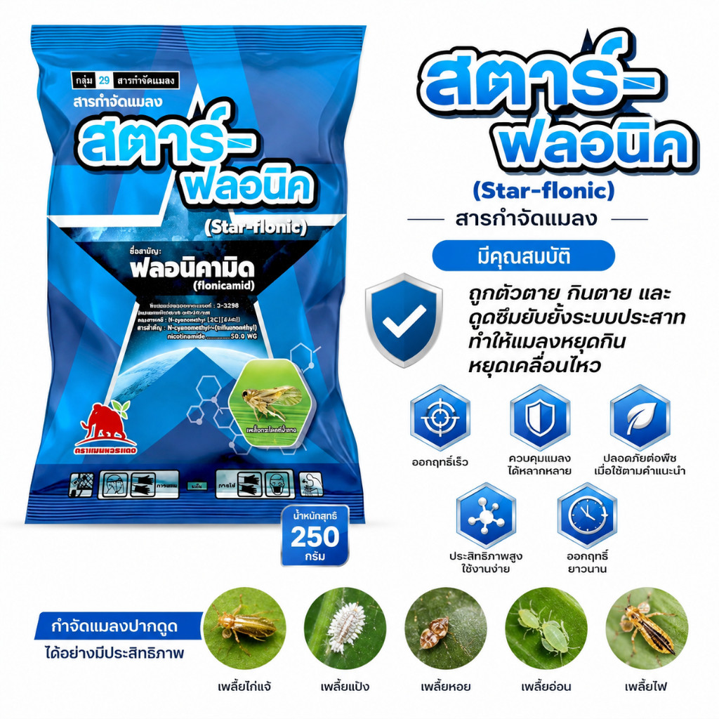สตาร์ ฟลอนิค SPKG ฟลอนิคามิด 50% WG หนอน เพลี้ย แมลง เพลี้ยไฟ เพลี้ยจั๊กจั่น ขนาด 250กรัม