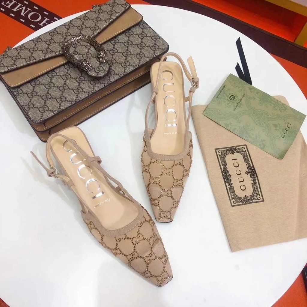 Gucci Gauze Baotou รองเท้าแตะผู้หญิง 2023 ฤดูร้อนสไตล์ใหม่ G บ้านแบนสายคล้องคอ Rhinestone Square Toe