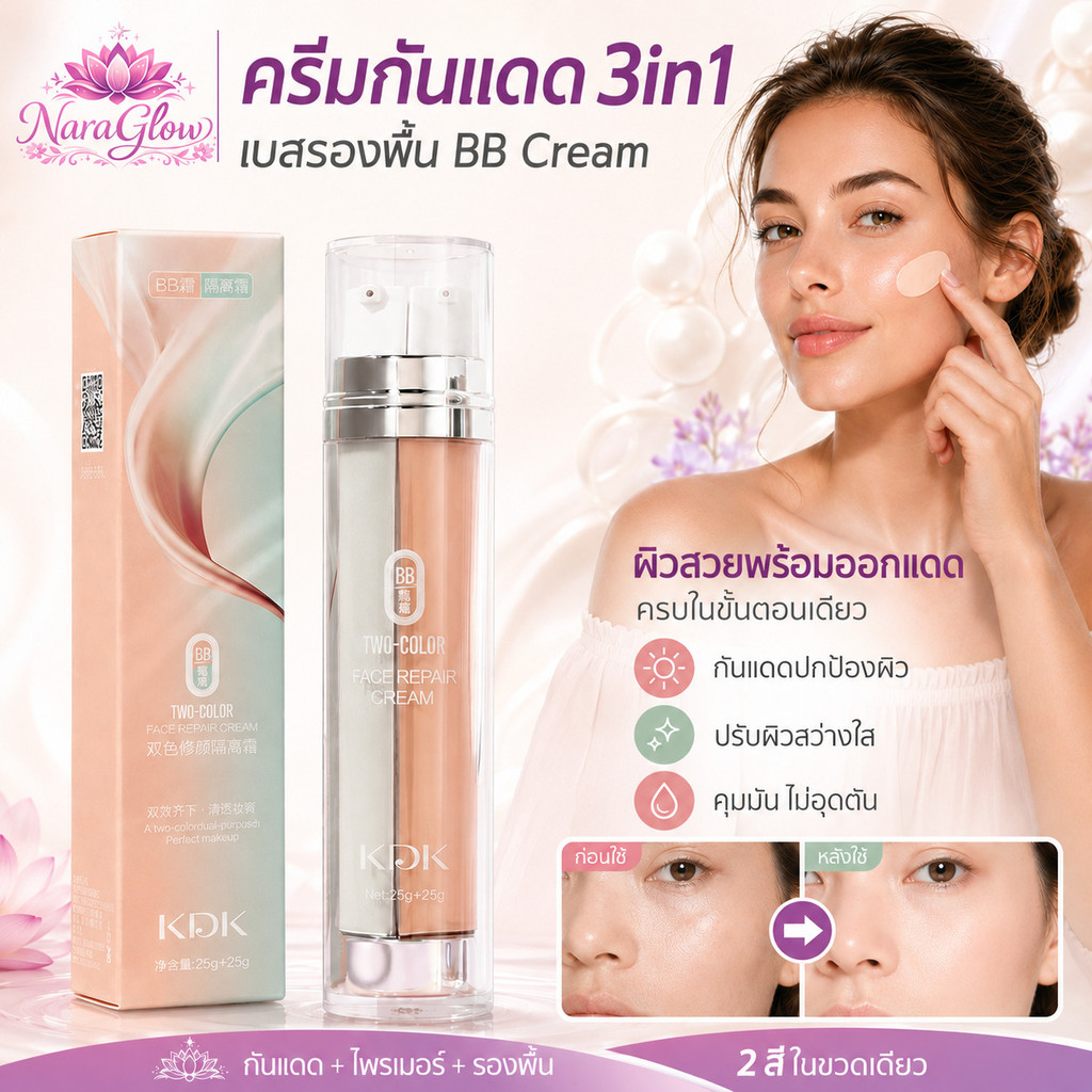 ครีมกันแดด 3in1 เบสรองพื้น BB Cream ปรับสีผิว คุมมัน เบาสบาย กันแดดพร้อมไพรเมอร์ คอนซีลเลอร์ ชุ่มชื้น 2 สี
