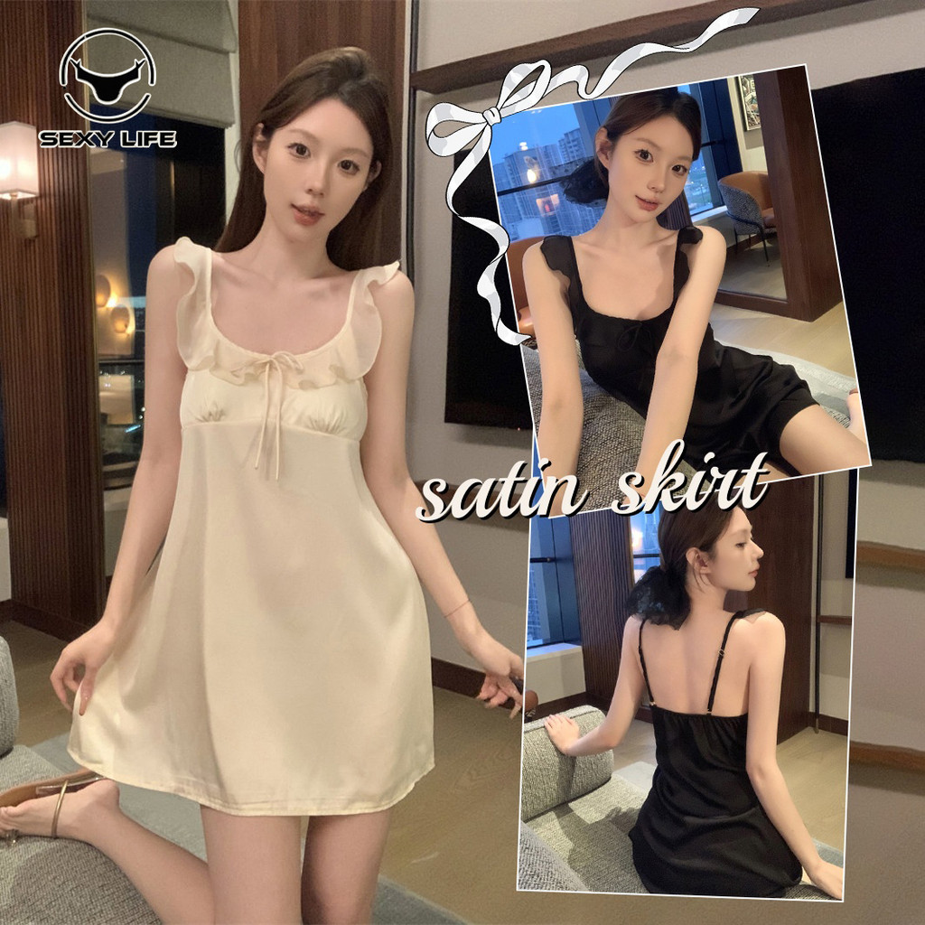 เดรสซาติน  ปกคอเหลี่ยม ชายระบาย  ชุดอยู่บ้าน  ใส่สบาย  เซ็กซี่  ส่งไวจากไทย