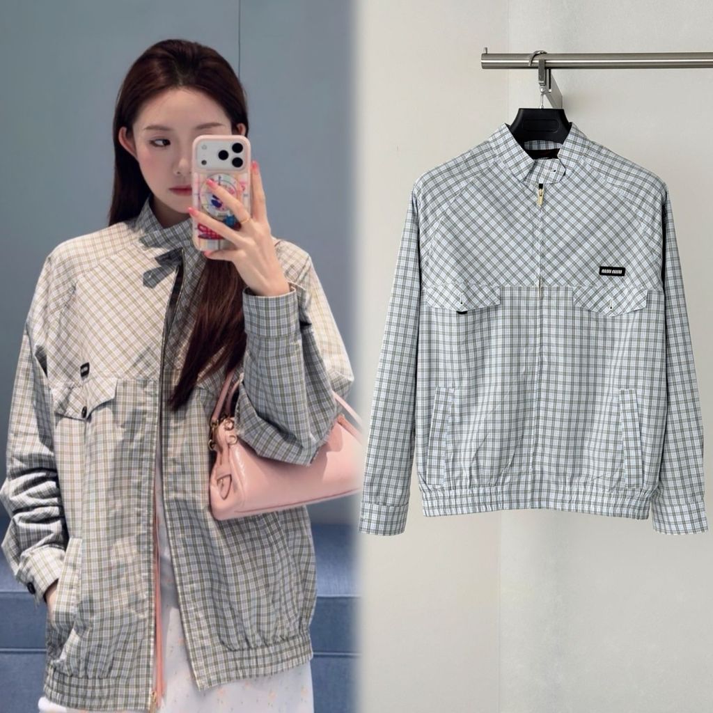 NZCQ MIUMIU สไตล์ใหม่ Harrington Checked Stand Collar เสื้อแจ็คเก็ตระดับไฮเอนด์