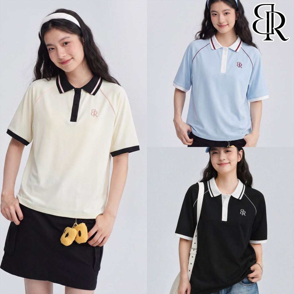 B&R พร้อมส่ง เสื้อโปโลแขนสั้น ผู้ชายผู้หญิงคู่รัก ทรงหลวม งานปักตกแต่ง ดีไซน์ตัดสี สไตล์ลำลอง