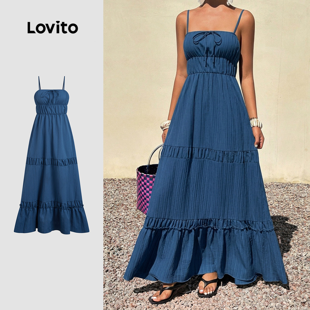(New Arrival) Lovito ชุดเดรสโบฮีเมียน ขอบหยัก สีฟ้า สําหรับผู้หญิง ฤดูใบไม้ผลิ/ฤดูร้อน LK7LD184