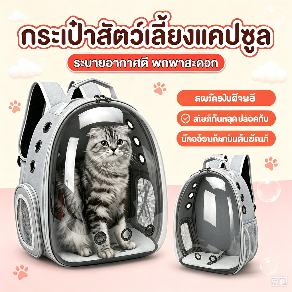 กระเป๋าสัตว์เลี้ยงแคปซูลอวกาศ กระเป๋าเป้ใส่แมว หมาเล็ก มีรูระบายอากาศ หลายสีให้เลือก