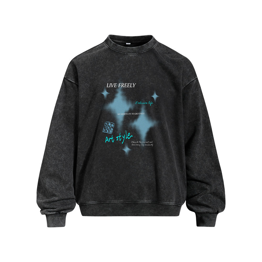 Cross Star ดอกไม้ทอด Distressed รอบคอเสื้อกันหนาว 400G ล้างหลวมเสื้อกันหนาวฤดูใบไม้ผลิฤดูใบไม้ร่วง S