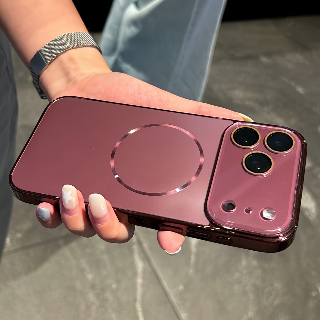 เชอร์รี่สีแดงElectroplatingหน้าต่างขนาดใหญ่แม่เหล็กกรณีกล้องเลนส์ฟิล์มสําหรับiPhone 14 15 16 17 Pro Maxกรณีล้อมรอบอย่างเต็มที่Anti-Fallกันกระแทกขอบนุ่มฝาครอบ