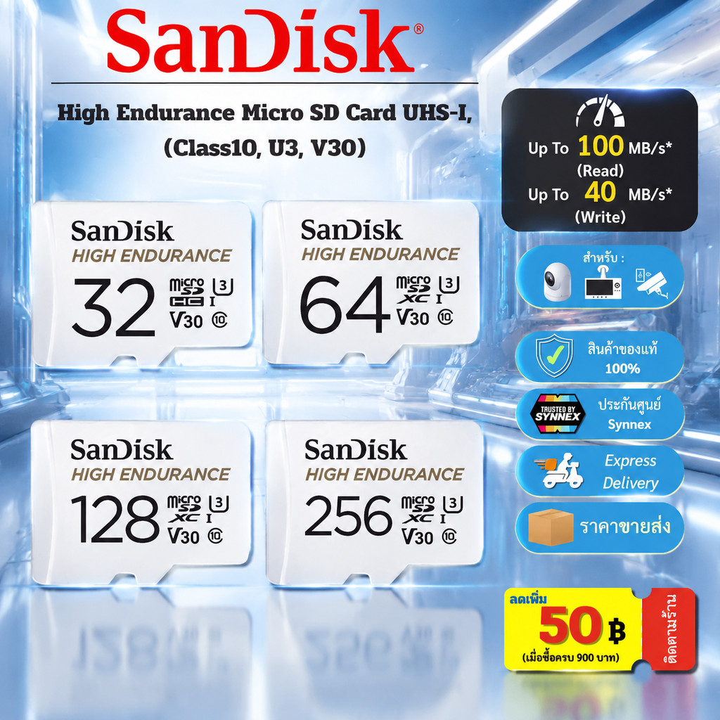 SanDisk High Endurance MicroSD 32GB 64GB 128GB 256GB 512GB 1TB UHS-I Class10 U3 V30 สำหรับกล้องวงจรปิด การประกัน 2 ปี