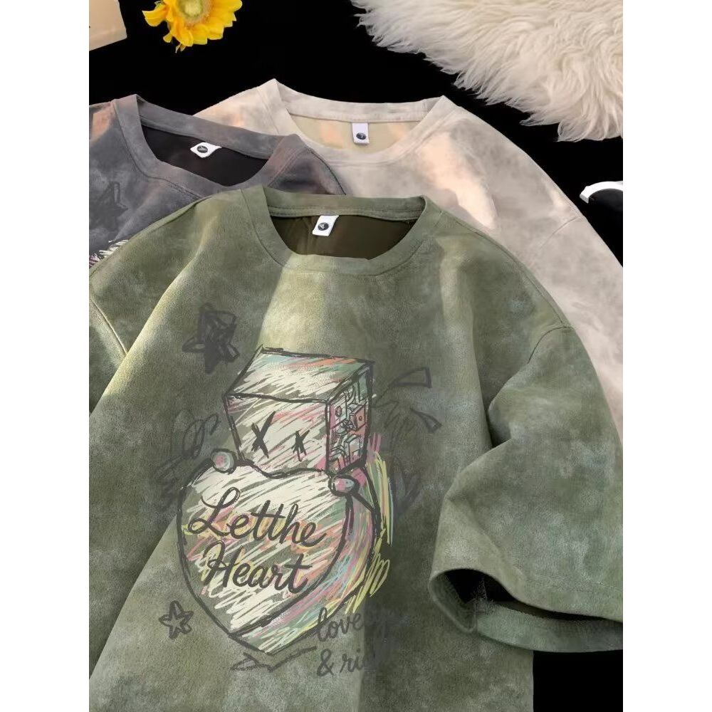 Suede Tie-Dye Xue Zhiqian dsp สนุกมือวาด Graffiti Casual คู่ All-Match รอบคอแขนสั้น T @