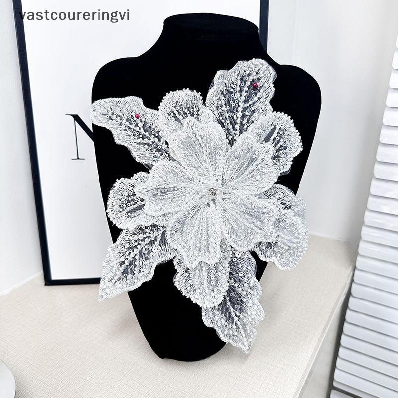 ERV เลื่อมลูกปัดดอกไม้คอ Applique ลูกไม้สีขาวปัก Patch Corsage DIY ตกแต่งชุดแต่งงานเสื้อผ้าอุปกรณ์เส