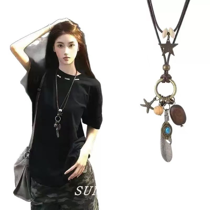สร้อยคอโลหะโบว์สไตล์ชาติพันธุ์ Bohemian Simple All-Match แหวนยาวจี้ Niche สร้อยคอยาว 6HSP