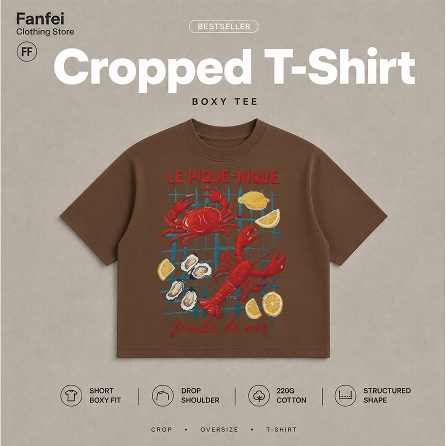 COD Fanfei boxy Cropped T เสื้อยืดสีน้ำตาล LE PIQUE-NIQUE ที่อก ภาพการ์ตูนกุ้งมังกร ปู มะนาว ลำลอง
