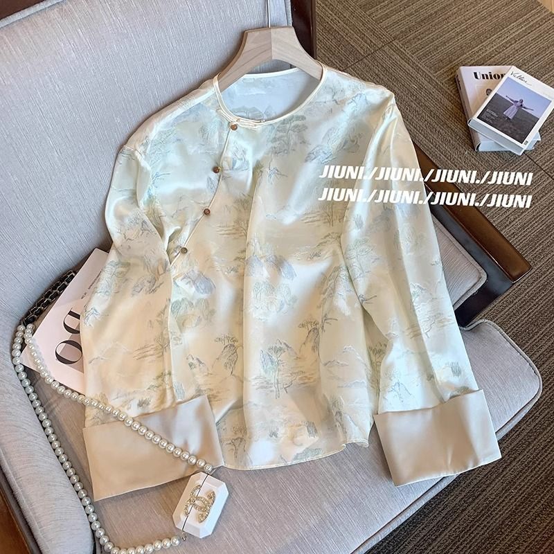 ใหม่สไตล์จีน Jacquard รอบคอแนวทแยงคาร์ดิแกนหัวเข็มขัดซาตินเสื้อผู้หญิง Retro High-End อารมณ์เสื้อสไต