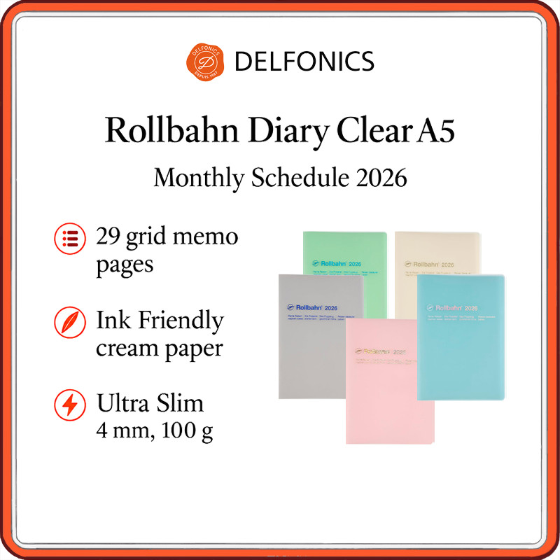 Delfonics Rollbahn Diary 2026 A5 Monthly Planner (Oct 2025 Start) – Clear Series in 5 Colors | Ultra