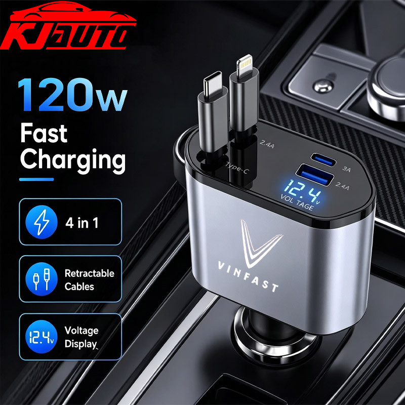 120W 4‐in-1 Retractable Car Charger อะแดปเตอร์ไฟแช็ก, USB‐A Type‐C Lightning Fast ชาร์จพอร์ตสําหรับ 
