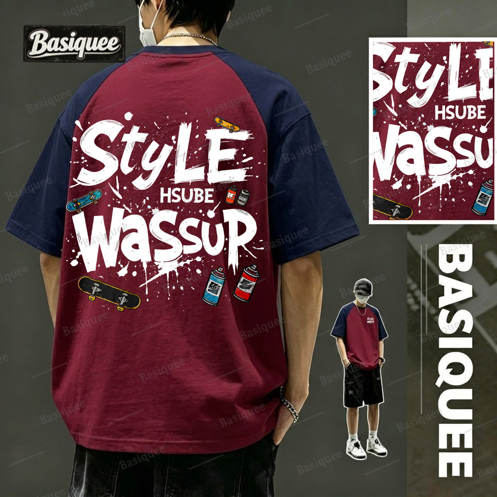 Basi เสื้อยืด Oversize เสื้อทูโทน คอตตอน100% เกรดพรีเมียม ไม่หดตัว - ลาย STYLE WASSUP