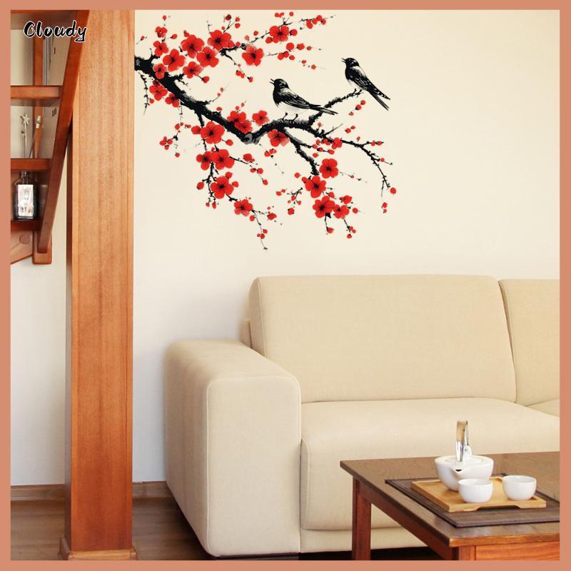 [Cloudy] Ink Chinese Style Japanese Cherry Blossom สติ๊กเกอร์ติดผนังสําหรับห้องนั่งเล่นตกแต่งบ้านรูป