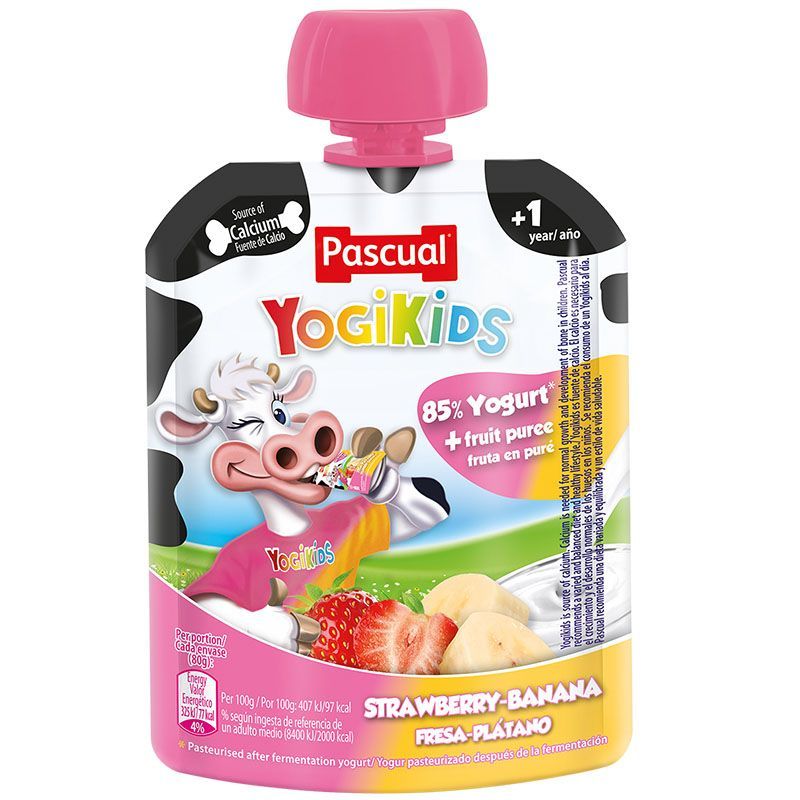 พาสควาลโยกิคิดส์โยเกิร์ตพร้อมดื่มผสมสตรอเบอร์และกล้วย 80กรัม Pascual Yogikids Yogurt Strawberry Banana 80g.