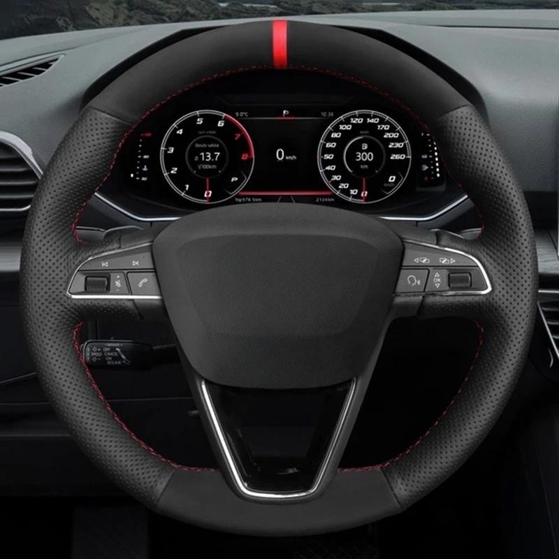 Hand-stitched นุ่มหนังนิ่มสีดําพวงมาลัยรถสําหรับที่นั่ง Leon 5F Mk3 2013-2020 Ibiza 6J Tarraco Arona