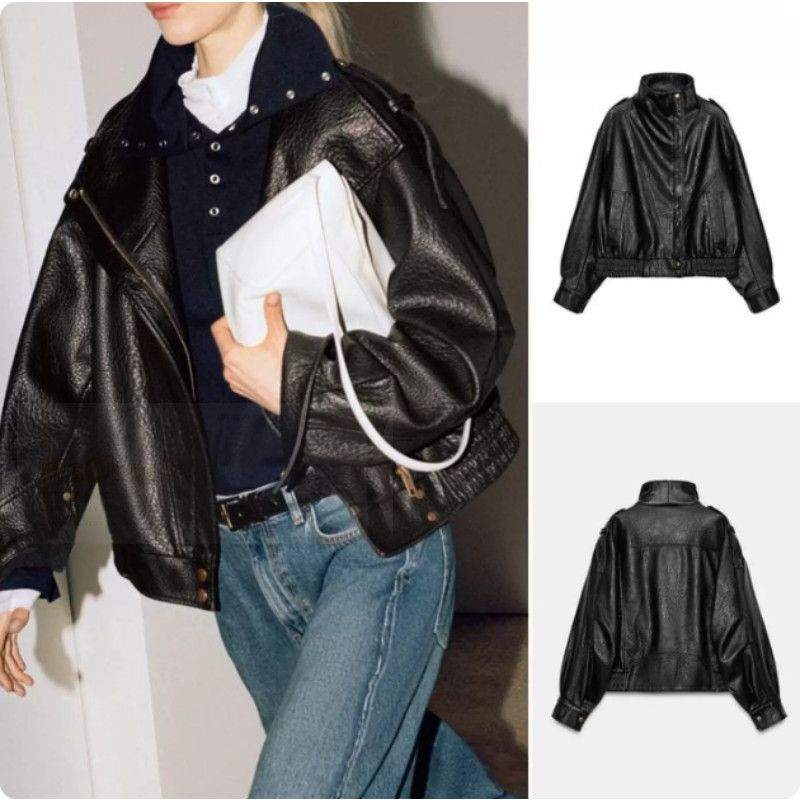 ผู้หญิงยุโรปสไตล์อเมริกัน All-Match Faux หนัง Bomber Jacket Coat 3548246