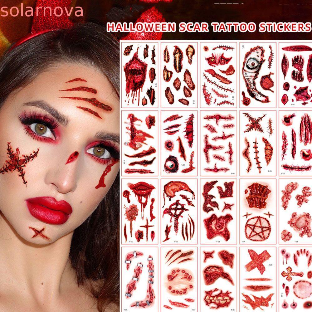 SOLARNOVA Bloody Wound Tattoos น่ากลัว DIY ตกแต่งฮาโลวีนปลอม Tattoo กันน้ํารอยแผลเป็น Tattoos