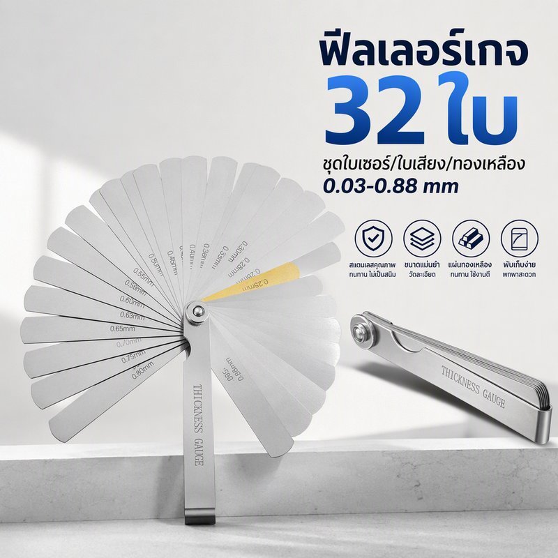ฟีลเลอร์เกจ สแตนเลส304 แข็งแรง ทนทาน กันสนิม ความแม่นยำสูง 32 26 15ใบ วัดช่องว่าง ตั้งวาล์วไอดี