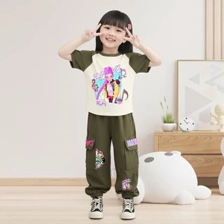 PINKชุดเซ็ทเด็ก2ชิ้น ลายโซดาป๊อป เสื้อยืดลายตามกระแส+กางเกงคาร์โก้ สไตล์เกาหลี 9471