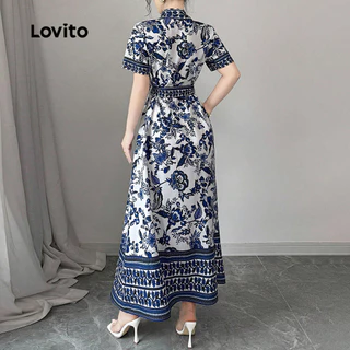 Lovito วันหยุด กระโปรงผู้หญิง ผูกเชือก ติดกระดุมหน้า สีกรมท่า ฤดูใบไม้ผลิ ฤดูร้อน สําหรับสุภาพสตรี L154LD175