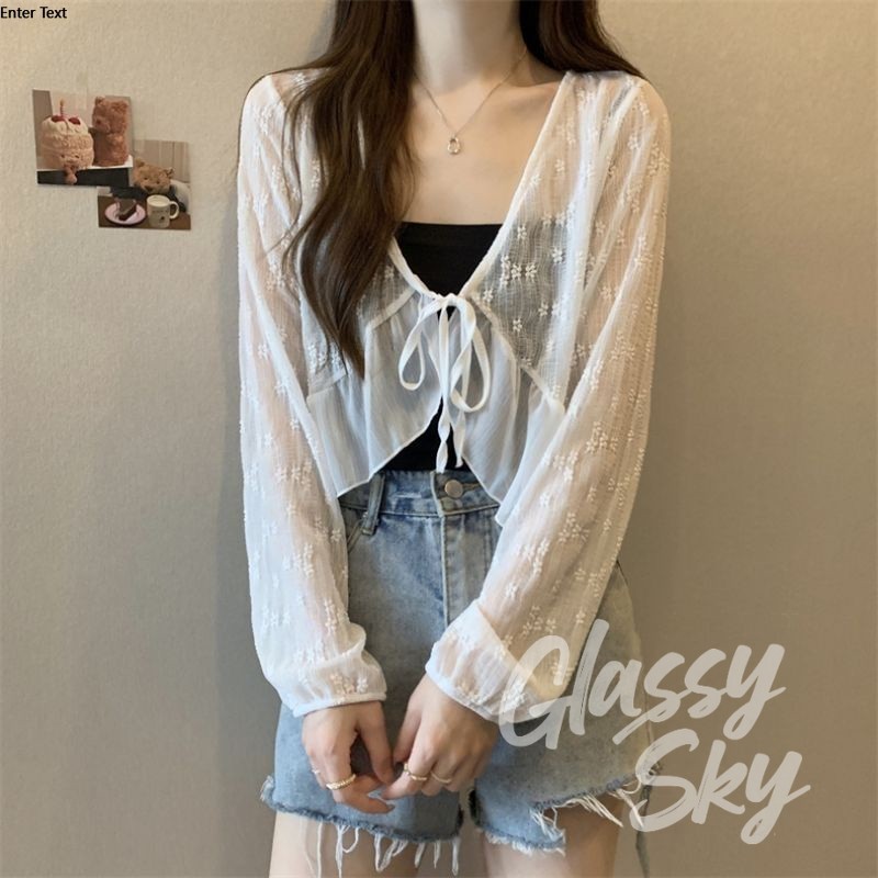 Glassy Sky 💖พร้อมส่ง💖 (95141) -Cเสื้อคลุมถักไหมพรม แขนยาว ผ้าซีทรูลวดลายลูกไม้เบาบาง - รูปที่ 3