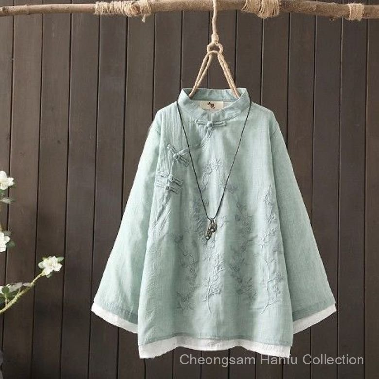 เสื้อจีนสไตล์เรโทรปี 2025 สำหรับผู้หญิง ทำจากผ้าลินินฝ้าย ออกแบบขอบคอด้วยแพแนล สไตล์เซน ใส่สบายเหมือนชุดชา