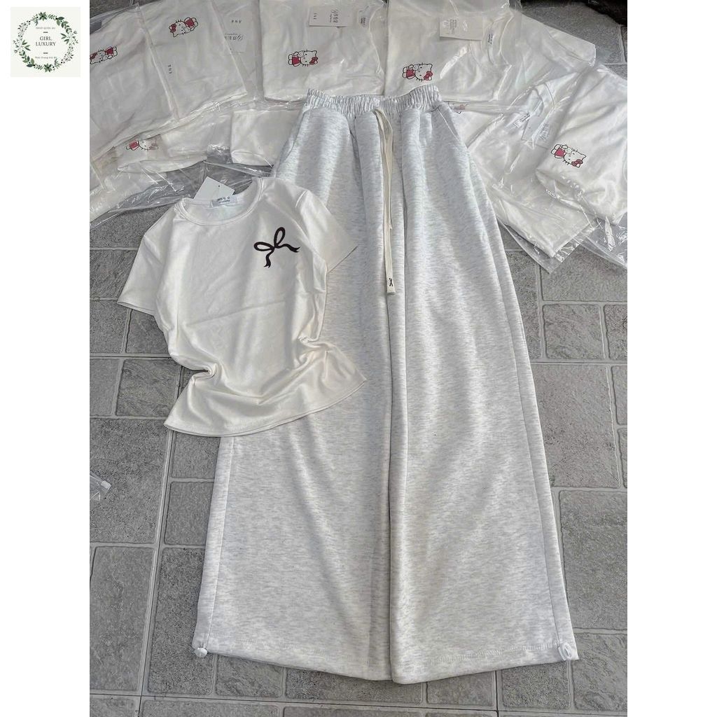 รวมกางเกงขากว้างหนังปลาสีเทา + เสื้อ COLD CROPTOP cut - BLACK BOW -gonpho