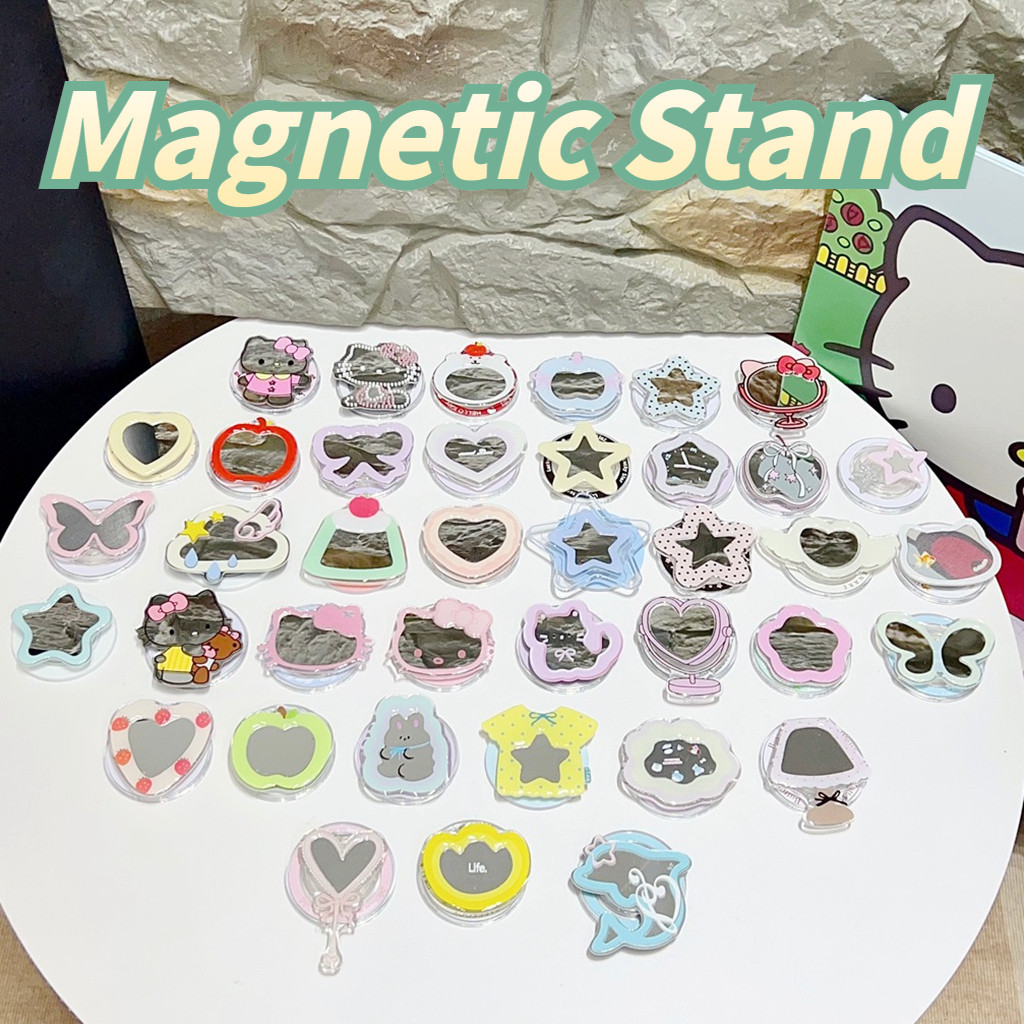 ที่วางโทรศัพท์ Magnetic Attraction Kickstand Mirror Design Hello Kitty Love Heart Star Butterfly ขาตั้งพับได้สําหรับโทรศัพท์มือถือ Naked Magsafe กรณีแท็บเล็ตโทรศัพท์มือถือ Anti-drop Bracket