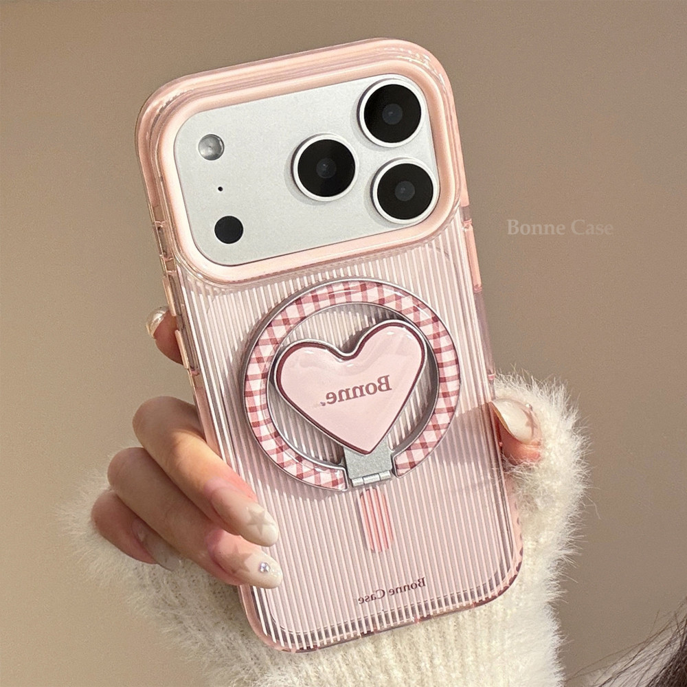 Ins Pink Stripes ตัวอักษรภาษาอังกฤษ Love Heart ขาตั้งแม่เหล็กผู้ถือกรณี iPhone สําหรับ iPhone 17 Pro Max 17 Pro 17 16 Pro Max 15 14 13 12 11 Anti Drop Soft Tpu ฝาหลัง