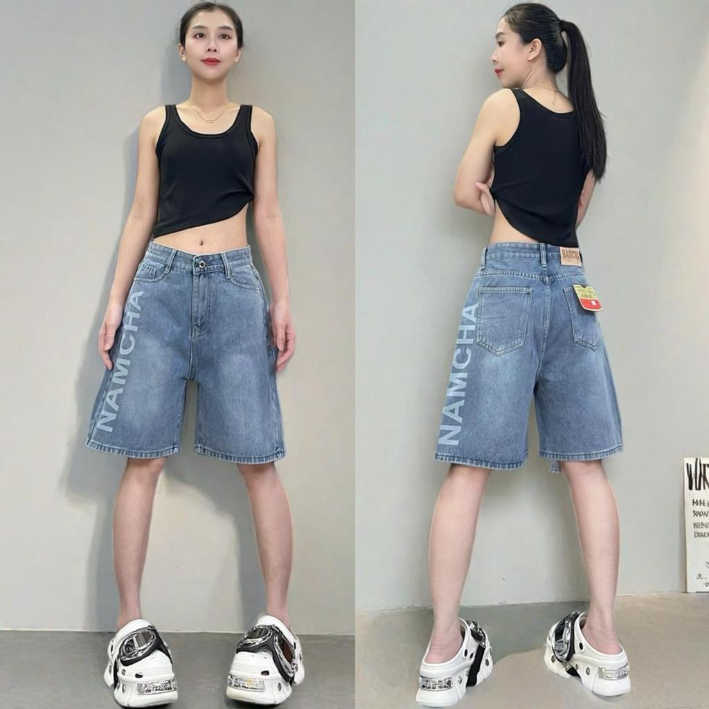NAMCHA กางเกงยีนส์สามส่วนเอวสูง สกรีนNAMCHA สียีนส์ 2671