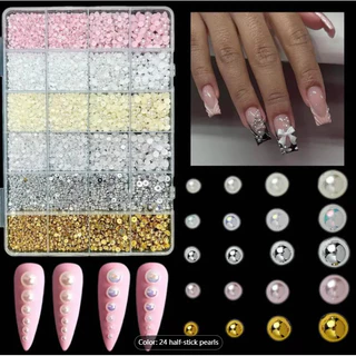 Nail Art สติ๊กเกอร์ติดเล็บอุปกรณ์ทําเล็บ DIY Pearl ความสว่างสูงผสม Mini ขนาด 24 ตารางครึ่งรอบ Beige สีชมพู ทองคําขาวเงิน KOUDAN
