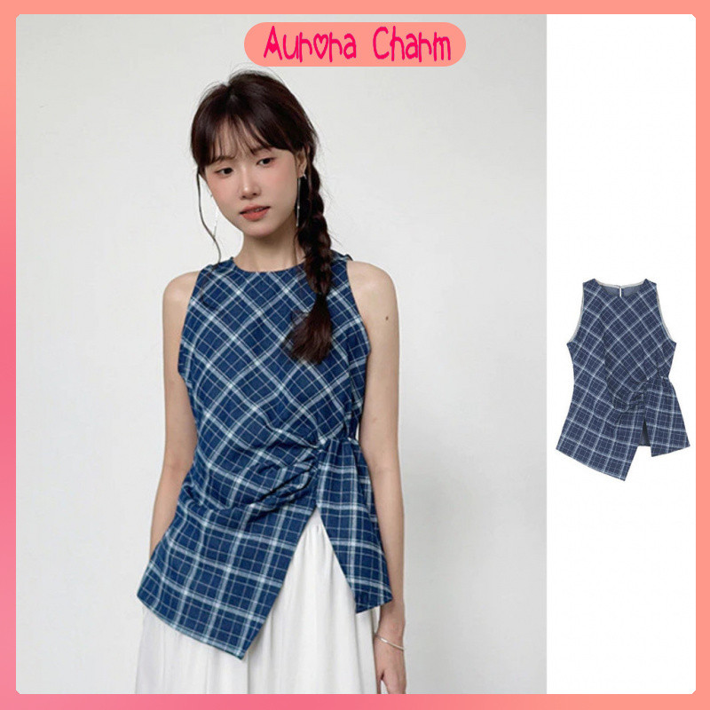 Aurora Charm เสื้อแขนกุดลายสก็อต จับจีบข้างผ่าชาย เสื้อกล้ามแฟชั่นผู้หญิง สไตล์เกาหลี