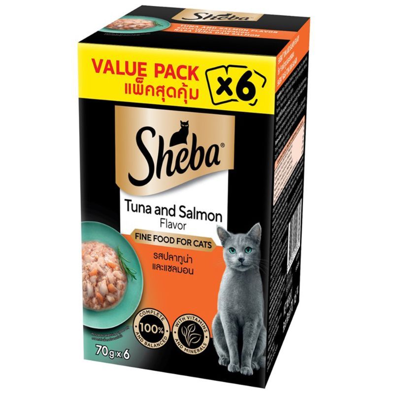 ชีบาเพาซ์อาหารแมวรสปลาทูน่าและแซลมอน 70ก แพค 6 Sheba Pouch Cat Food Tuna And Salmon Flavor 70g Pack 6 [8853301100632 ]