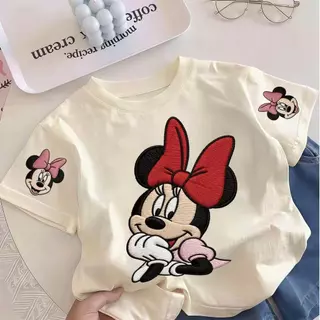 Pebbi Baby เสื้อยืดเด็กฤดูร้อนรุ่นใหม่ ลายปักมินนี่เมาส์ Minnie Mouse ดิสนีย์ ผ้าฝ้ายแท้100% นุ่มสบาย เสื้อแขนสั้นเด็กผู