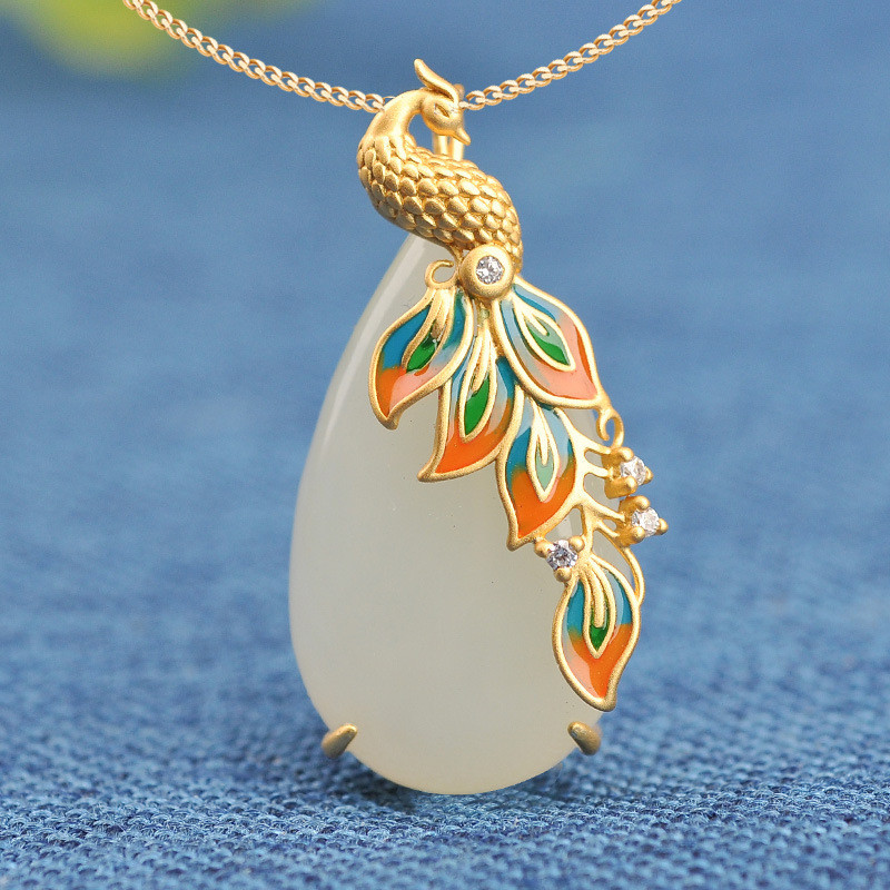Retro s925 เงิน Hetian หยก Water Drop เคลือบที่มีสีสัน Porcelain Phoenix จี้ Palace สไตล์วิธีโบราณสร