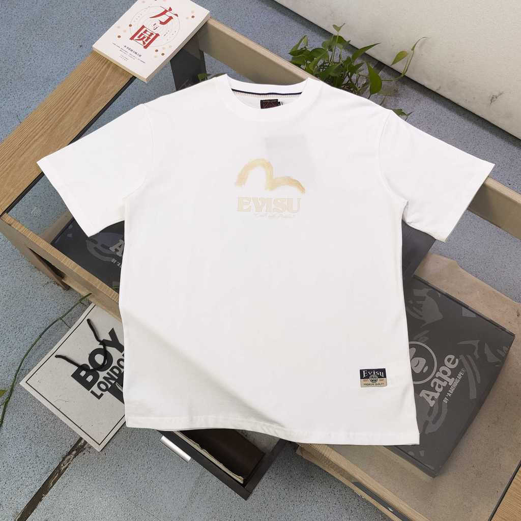EVISU/Fushen/6XL คลาสสิกรอบคอแขนสั้นเสื้อยืดผู้ชายผู้หญิงสไตล์ PLUS ขนาดตัวอักษรสบายๆ PLUS ขนาดเกลีย